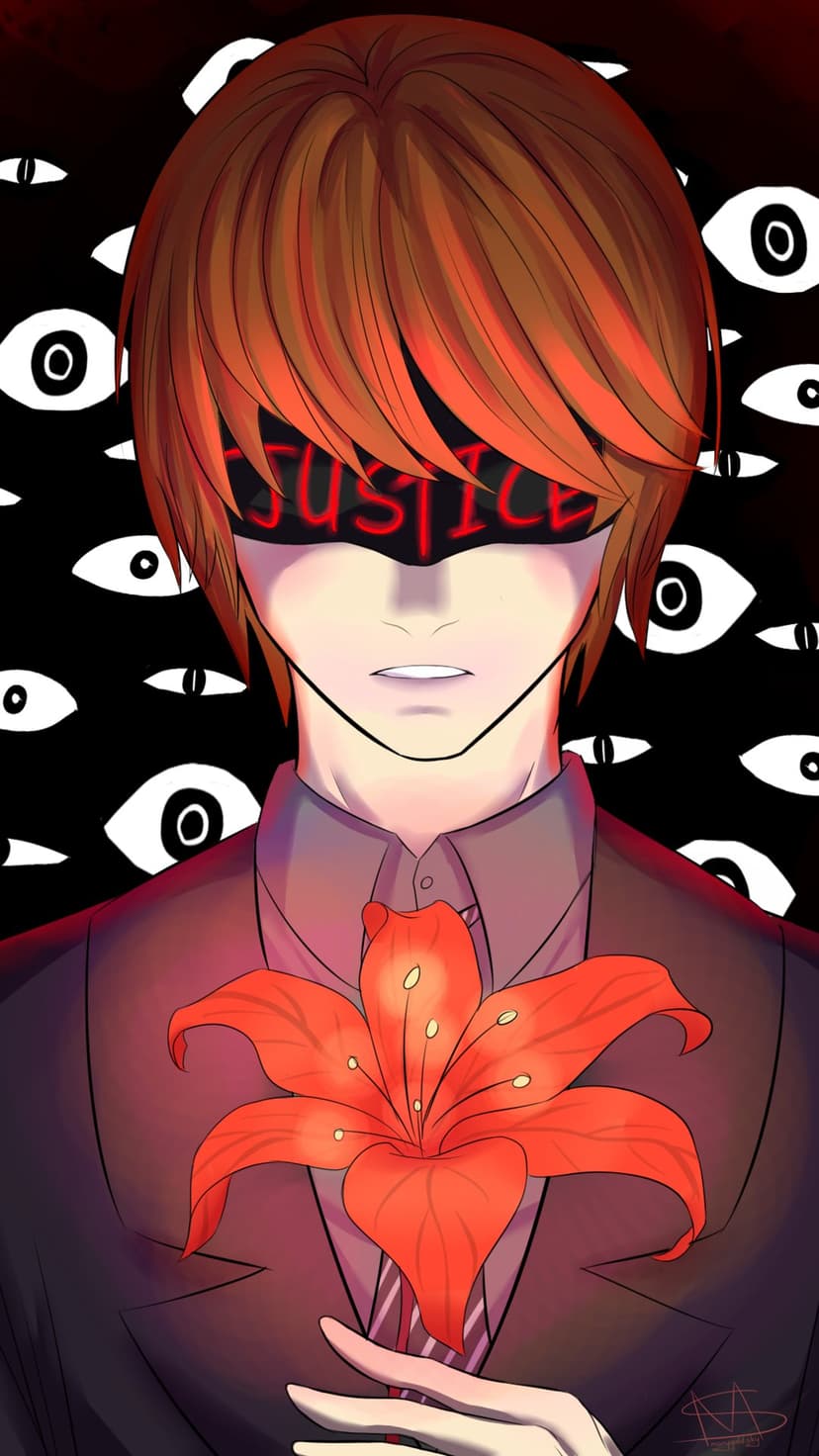Light Yagami holds a red lily with the word justice over his eyes while white eyes watch from the darkness.