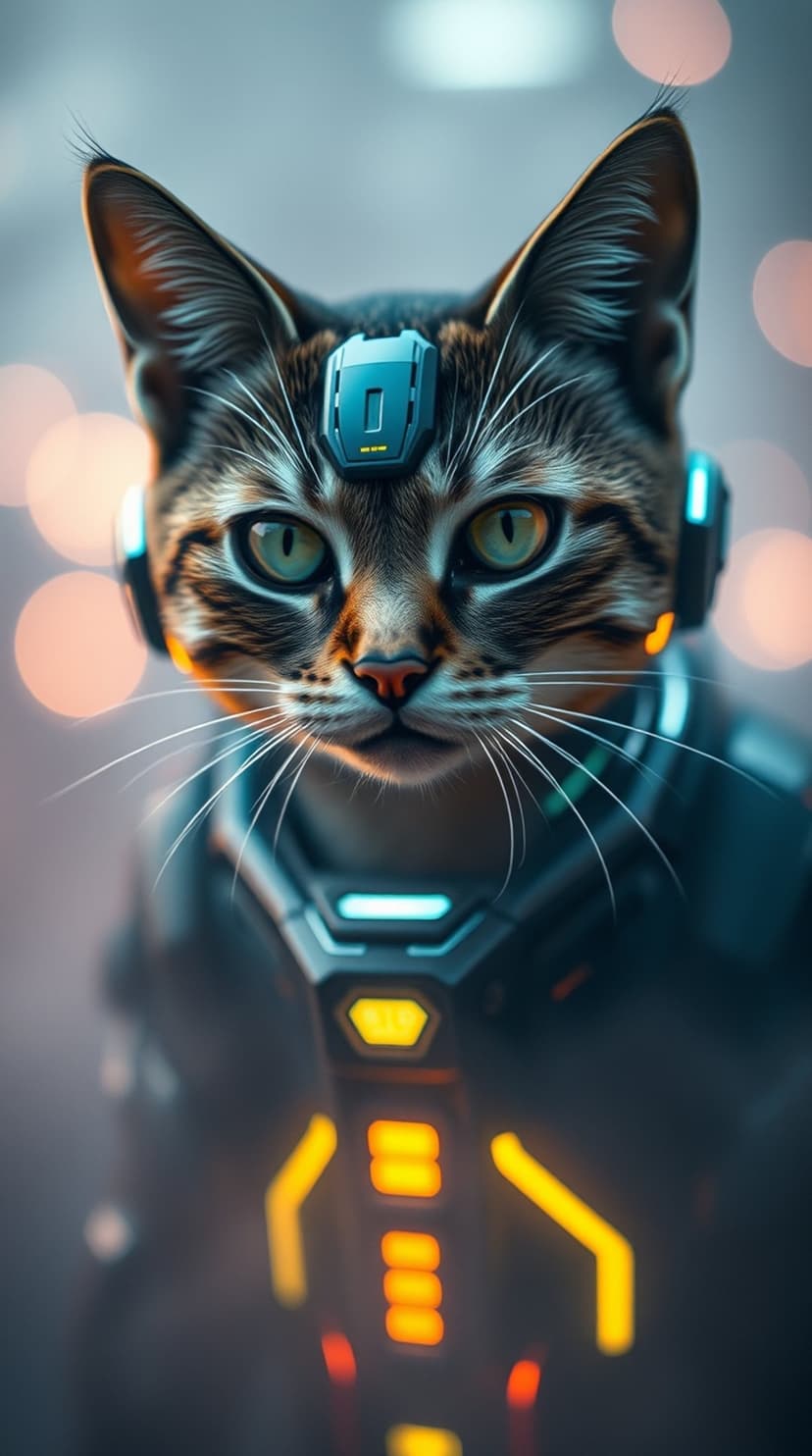 Tabby cat wearing a futuristic metal helmet with glowing blue and orange lights and piercing green eyes.