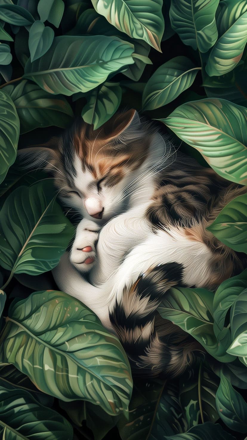 Calico cat sleeping curled up within dense green botanical foliage, featuring soft fur and waxy leaves.