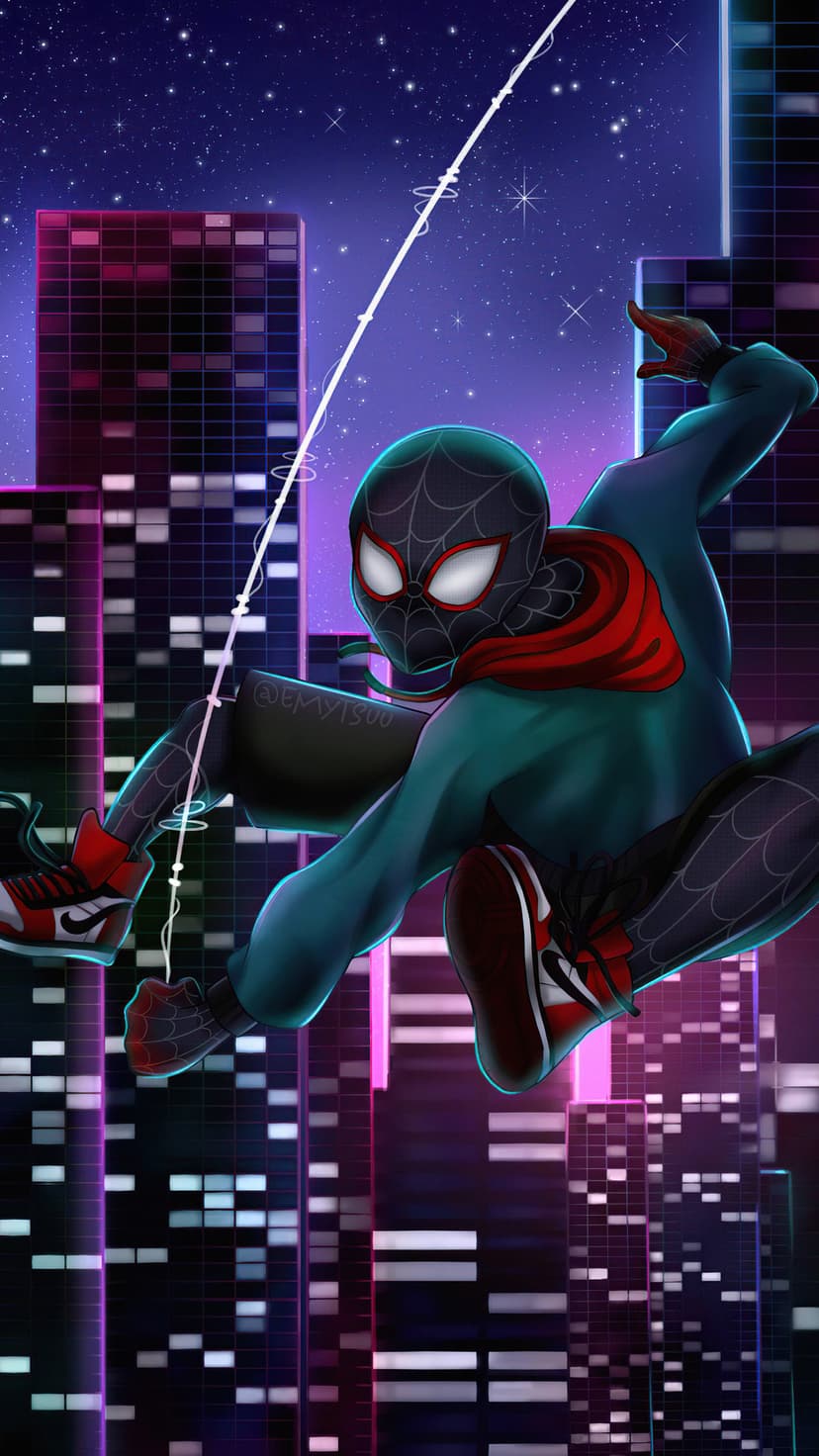 Miles Morales in a black and red suit swings through a neon-lit city with glowing blue and pink skyscrapers at night.