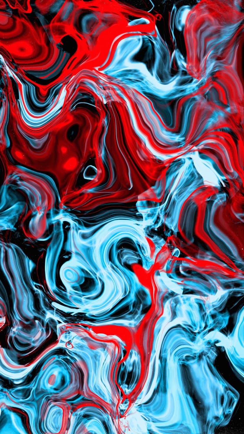 Red and blue liquid swirls intertwine against a black background with glowing marble-like fluid textures.