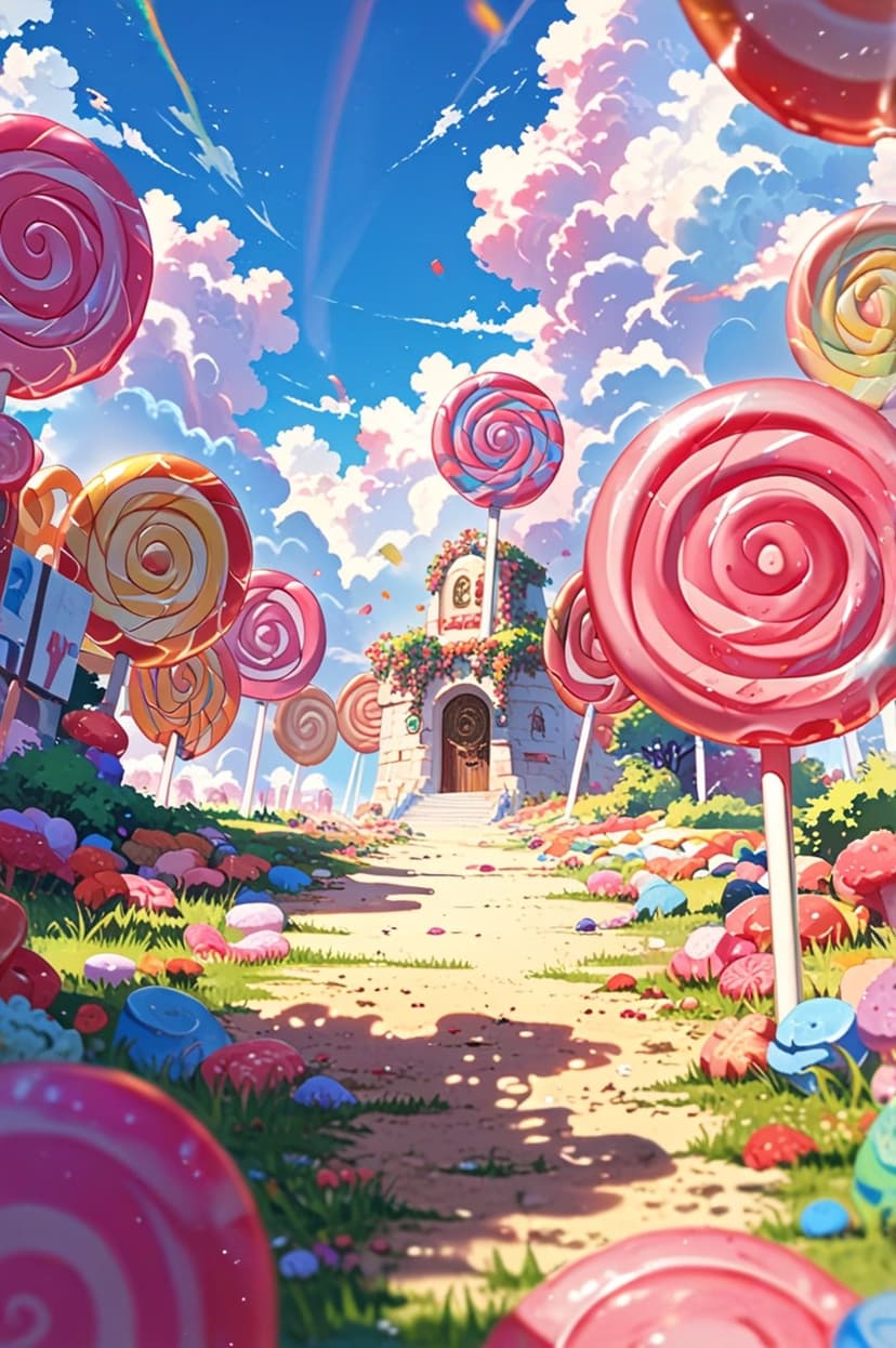 Giant swirl lollipops line a path toward a pink fairytale tower under a blue sky with scattered confetti.