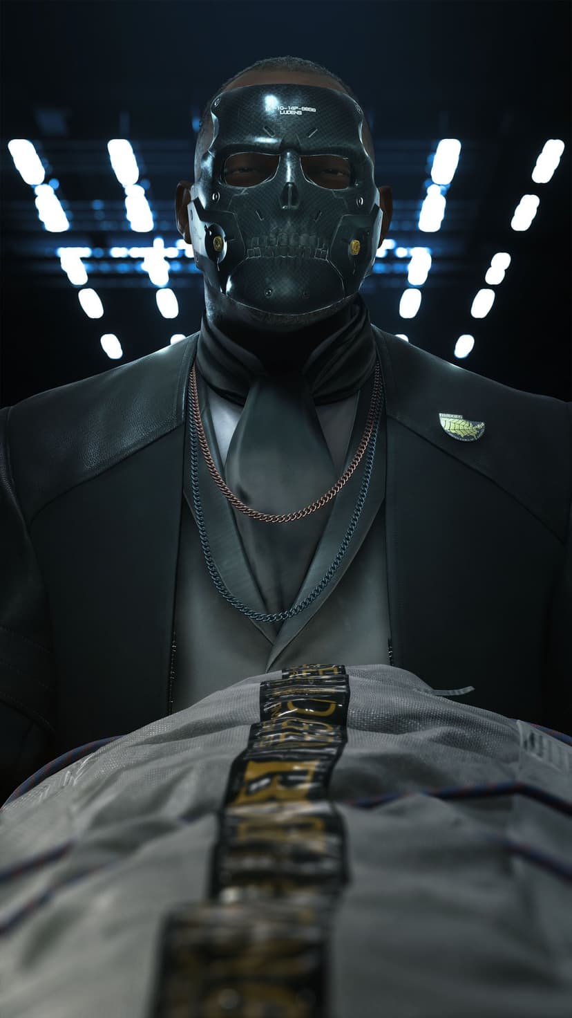 Man in a black carbon fiber skull mask and suit stands behind a body bag under rows of blurred lights.