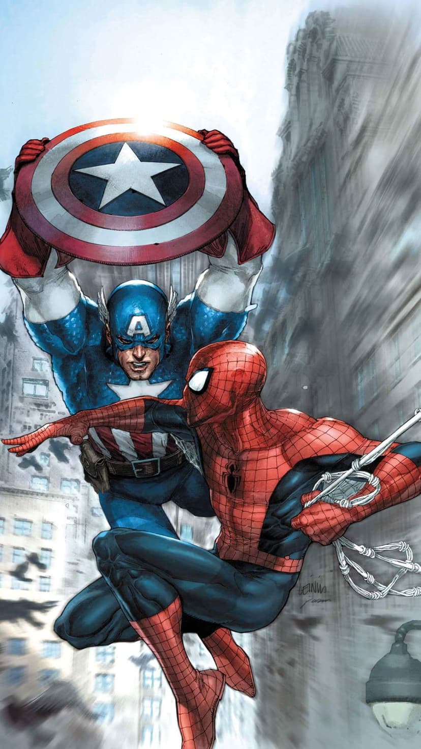 Captain America raises his shield beside Spider-Man swinging through a smoky, crumbling metropolitan cityscape.