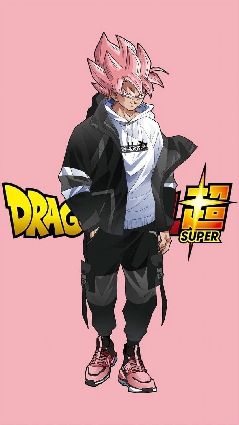 Goku Black wears a black jacket and white hoodie with pink high-top sneakers against a solid pink backdrop.