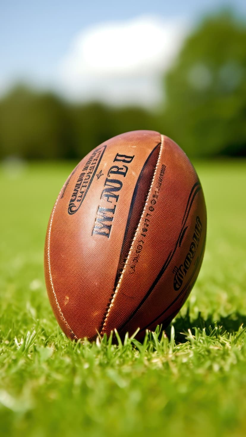Vintage brown leather football with detailed stitching sits on a lush green field under a soft blue sky.