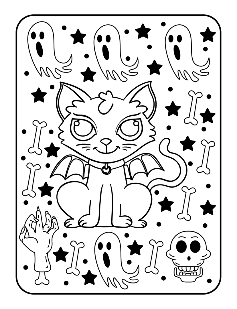 Halloween cat line art featuring bat wings and surrounded by ghosts and skulls in a black and white outline.