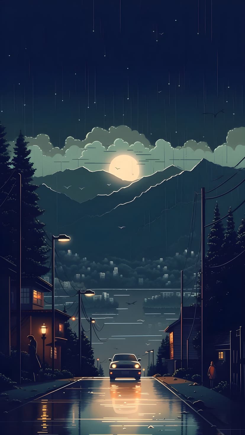 Black car driving on a wet road with streetlights reflecting in puddles beneath a large moon and mountain peaks.