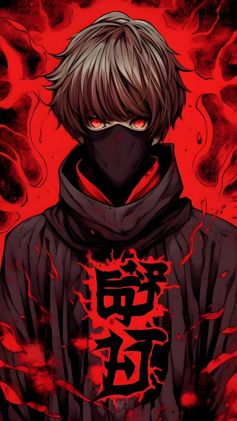 Masked shinobi featuring glowing red eyes and a dark hood amidst swirling crimson energy and Japanese kanji.