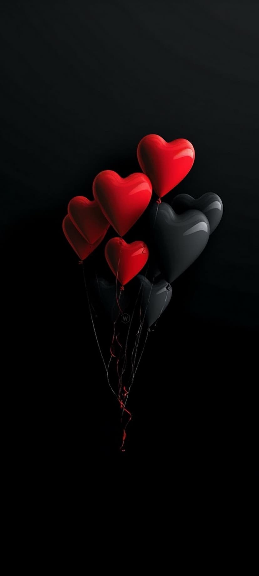 Red and black heart balloons with glossy surfaces float against a dark background with thin curling ribbons.