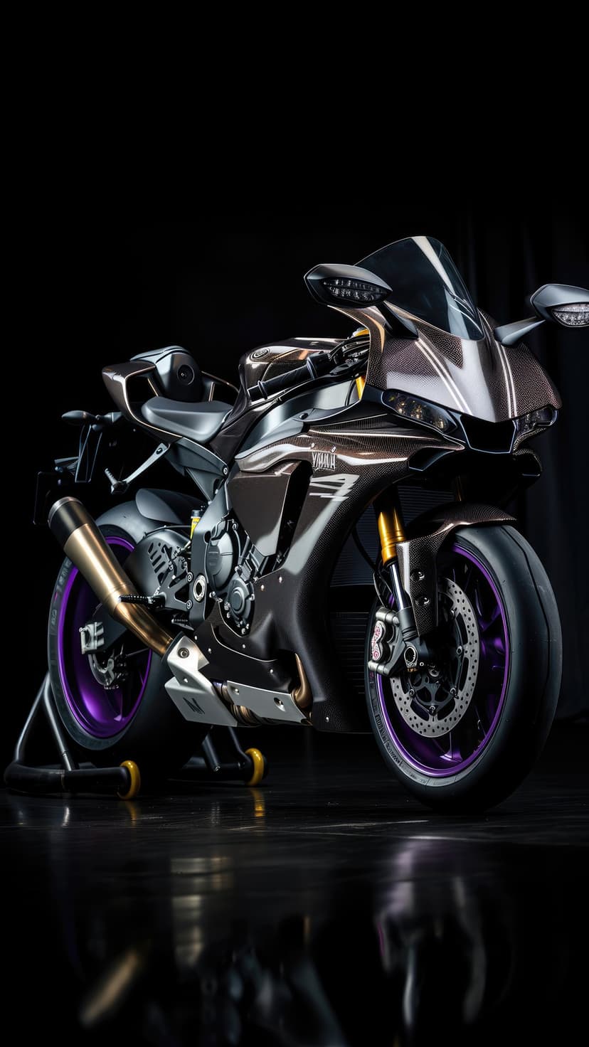 Yamaha R1 motorcycle with vibrant purple wheels and a gold exhaust pipe displayed against a solid black background.