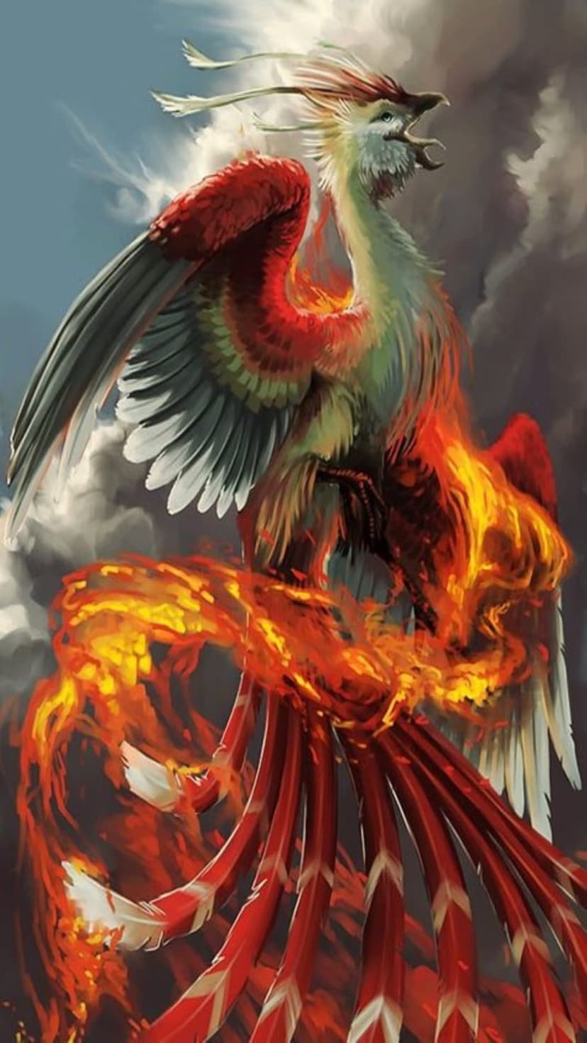Phoenix with red and green flaming feathers rises through a dark, cloudy sky with its massive wings fully extended.