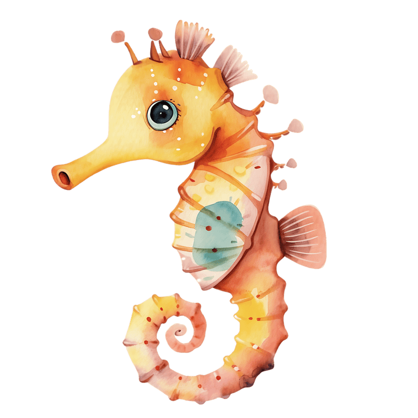 Seahorse watercolor illustration featuring orange scales, white spots, a curled tail, and a large blue eye.