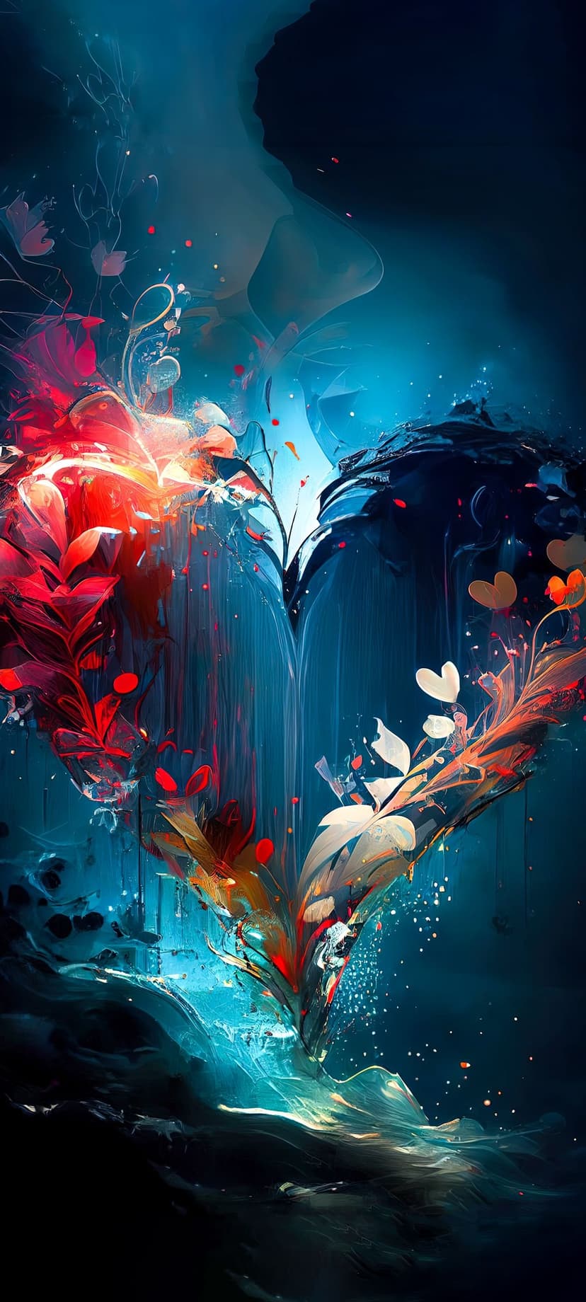 Abstract heart split into red and blue halves with floral details and glowing embers on a dark fluid base.