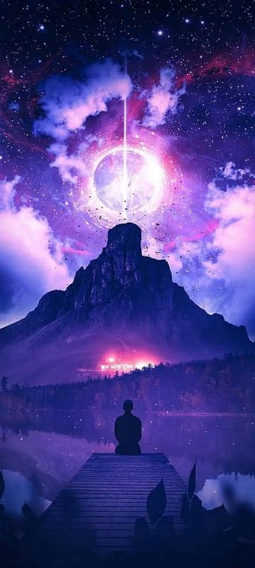 Meditative Figure Gazes at Cosmic Light Above Mountain