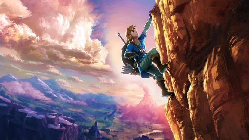 Link climbs a golden rock face overlooking a vast valley with a volcano under a pink sunset sky.