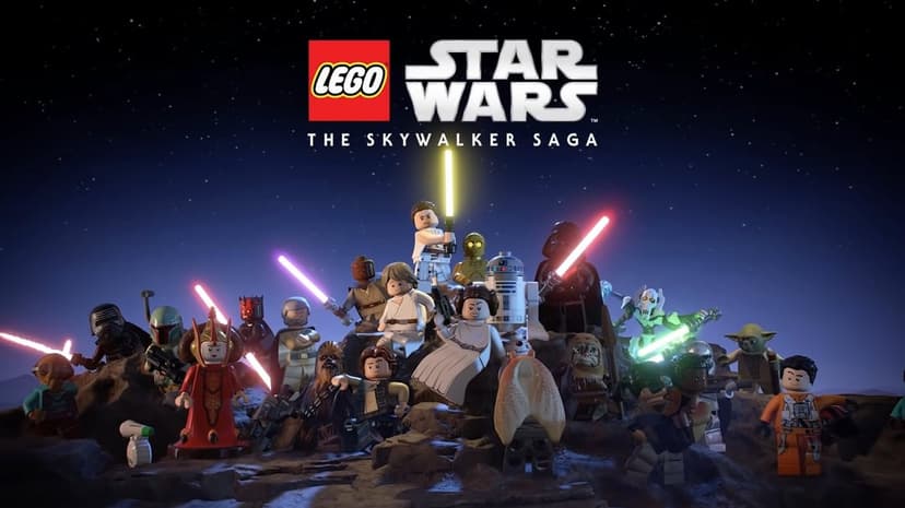 LEGO Star Wars characters stand on a rocky ledge under a starry sky with glowing lightsabers in various colors.