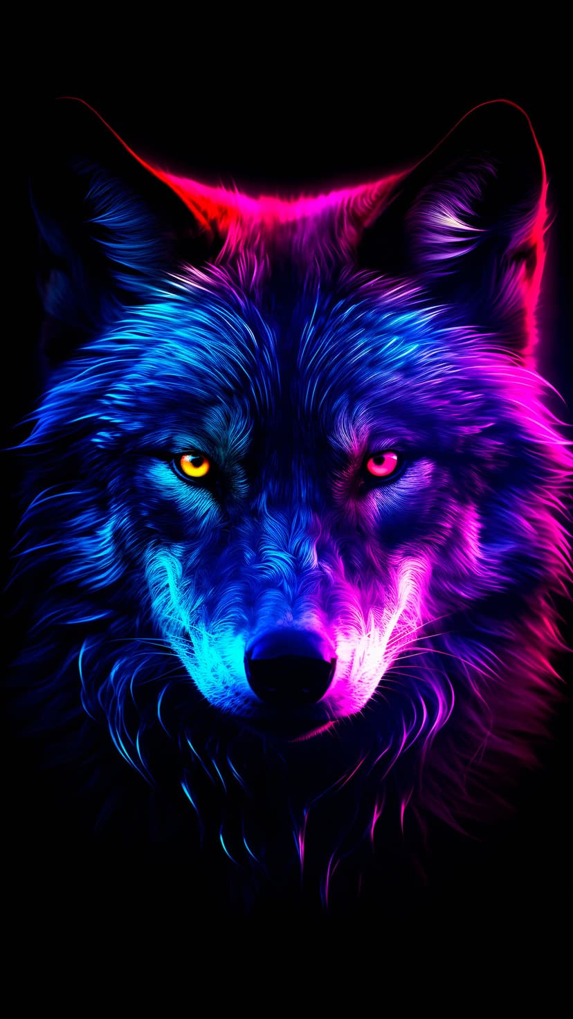Wolf head illuminated by neon blue and pink lighting with one yellow eye and one red eye against a dark background.