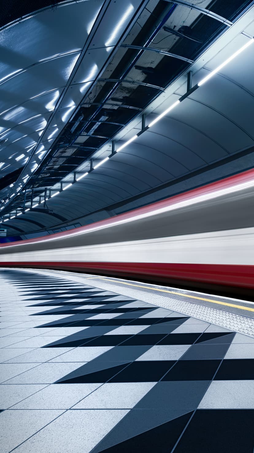 Red and white train blurring past a modern subway platform with a checkered floor and glowing ceiling lights.