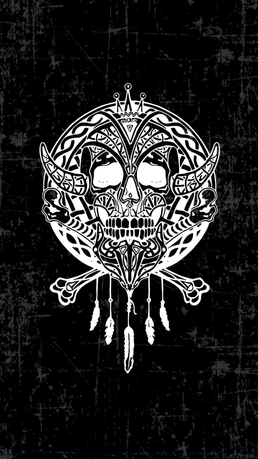 Crowned skull with horns and Celtic knots surrounded by dangling feathers on a textured monochrome background.