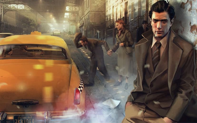 Man in a trench coat smokes on a city street near a yellow taxi under a steel bridge at sunset during the 1940s.