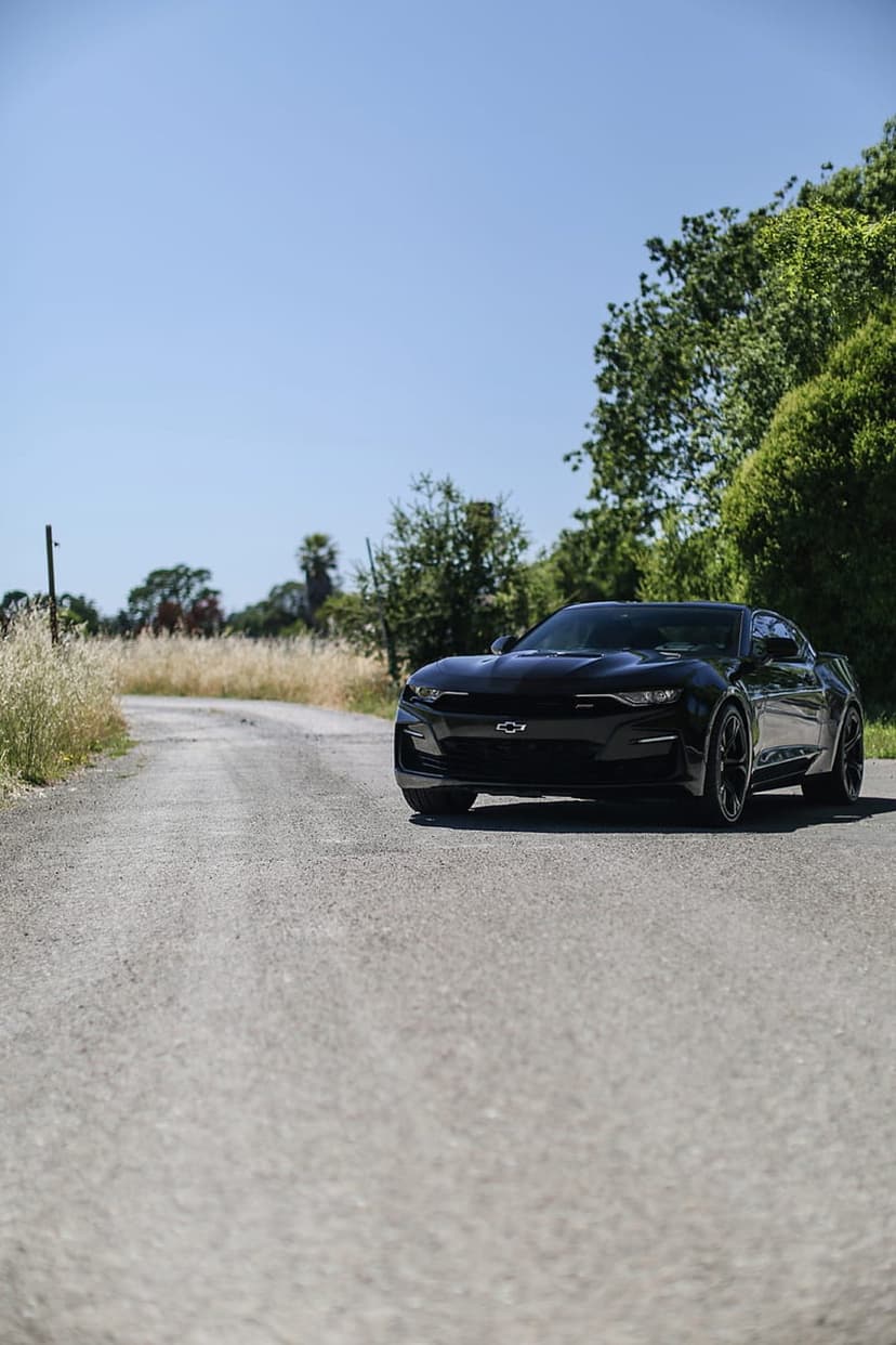 Black Chevrolet Camaro drives on a dusty road surrounded by green trees and tall grass under a clear blue sky.