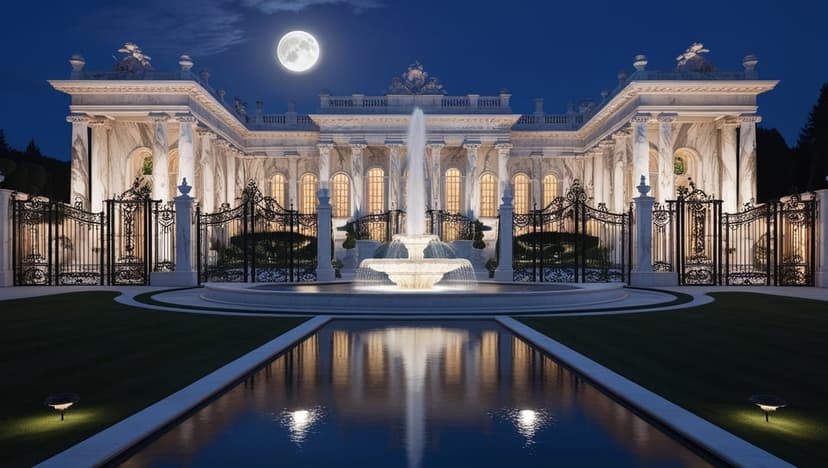 Neoclassical mansion with glowing windows and columns reflecting in a still pool under a moonlit night sky.