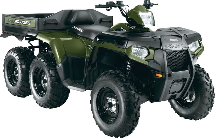 Polaris 6x6 Big Boss utility ATV in olive green with six off-road tires on a clean white background.