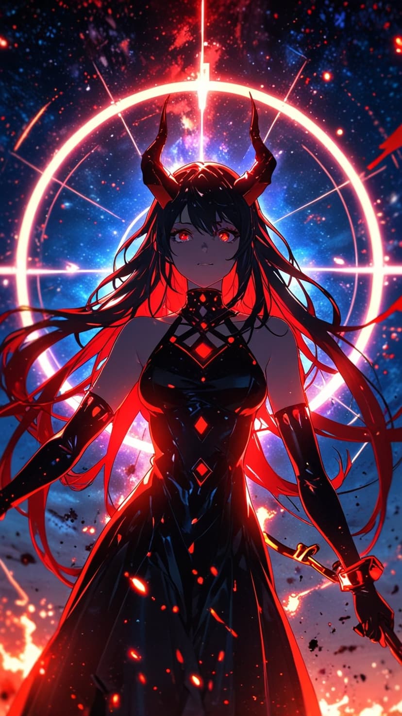 Demoness with black and red hair stands before a glowing solar ring, wearing a patterned black dress and gloves.