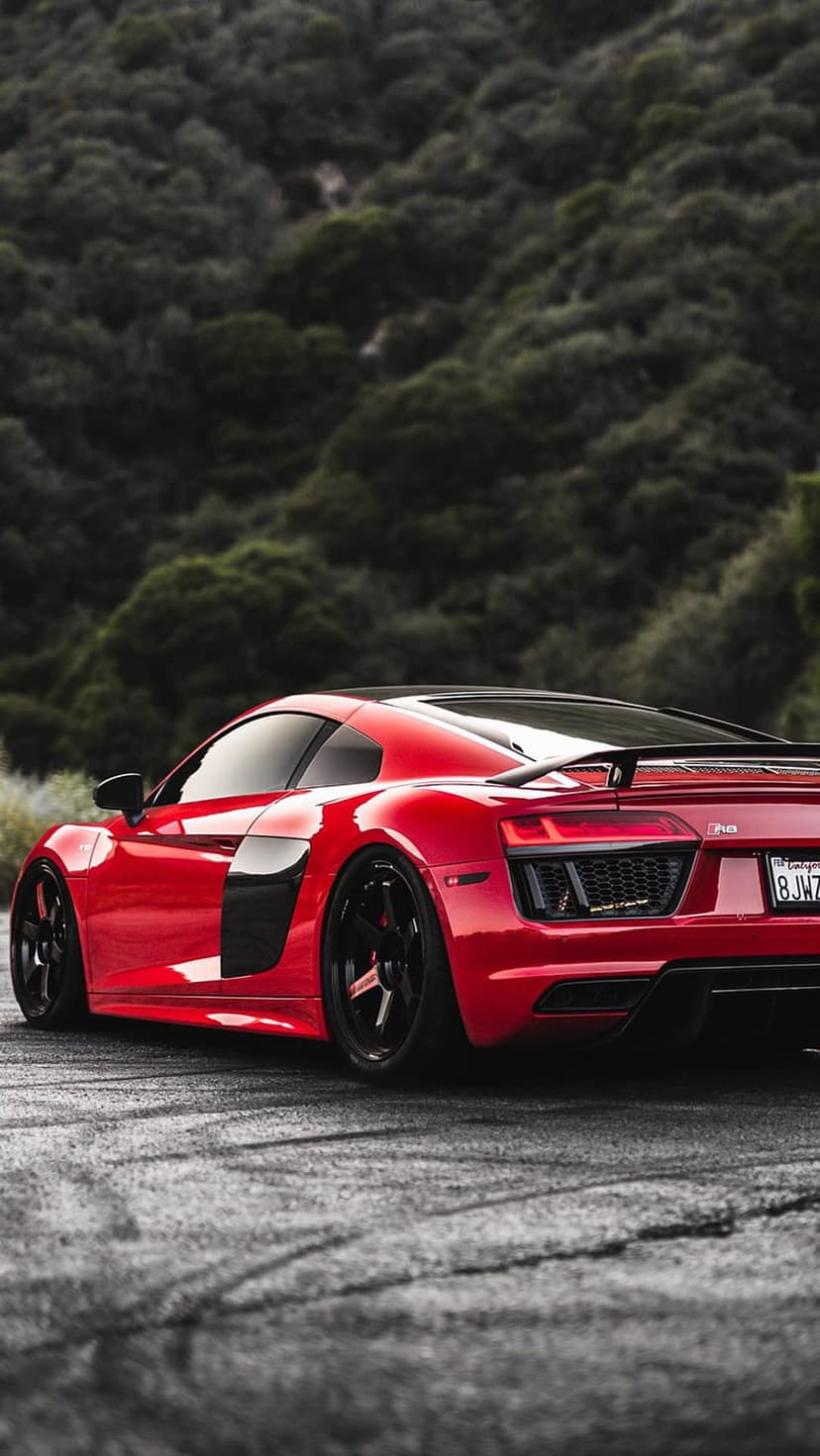 Red Audi R8 supercar driving on a paved road with a dense green forest background and glossy body reflections.