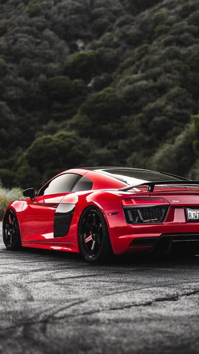 Red Audi R8 Supercar Forest Highway Phone Wallpaper