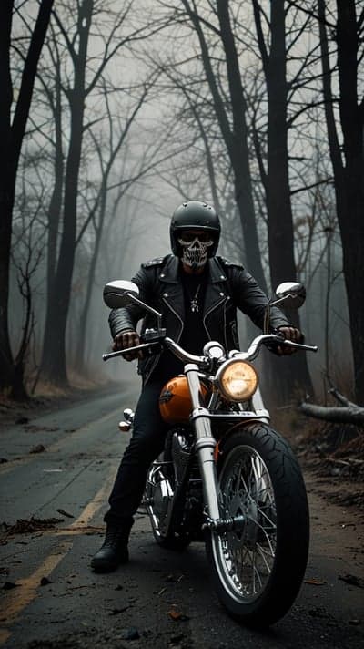 Dark Skull Mask Biker Foggy Forest Mobile Wallpaper