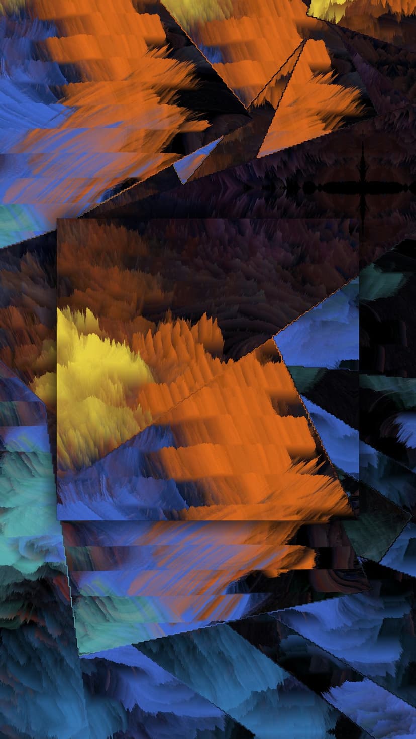 Jagged geometric canyon peaks in vibrant orange and blue with textured brushstrokes and digital fragmentation.