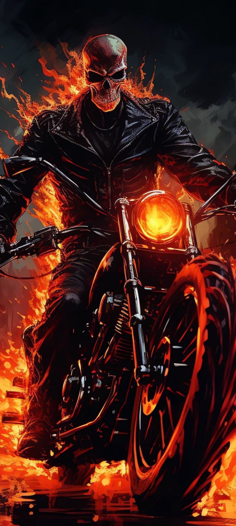 Skeletal rider in a leather jacket riding a motorcycle engulfed in bright orange flames against a dark background.