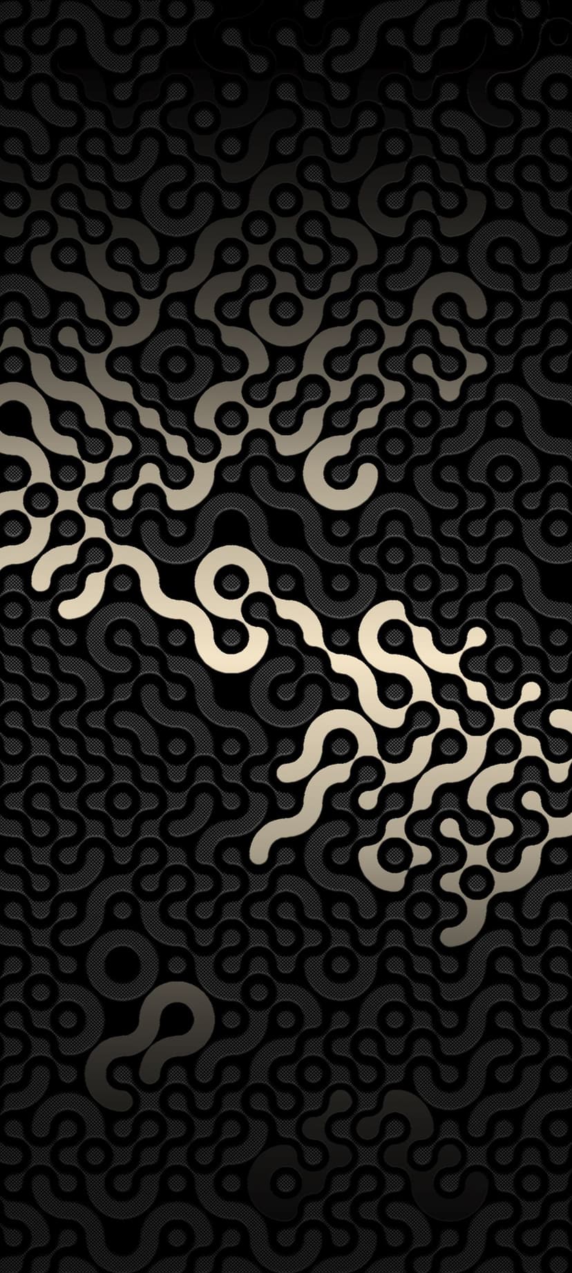 Interlocking black circles and cream flowing lines form a textured pattern with metallic gradients.