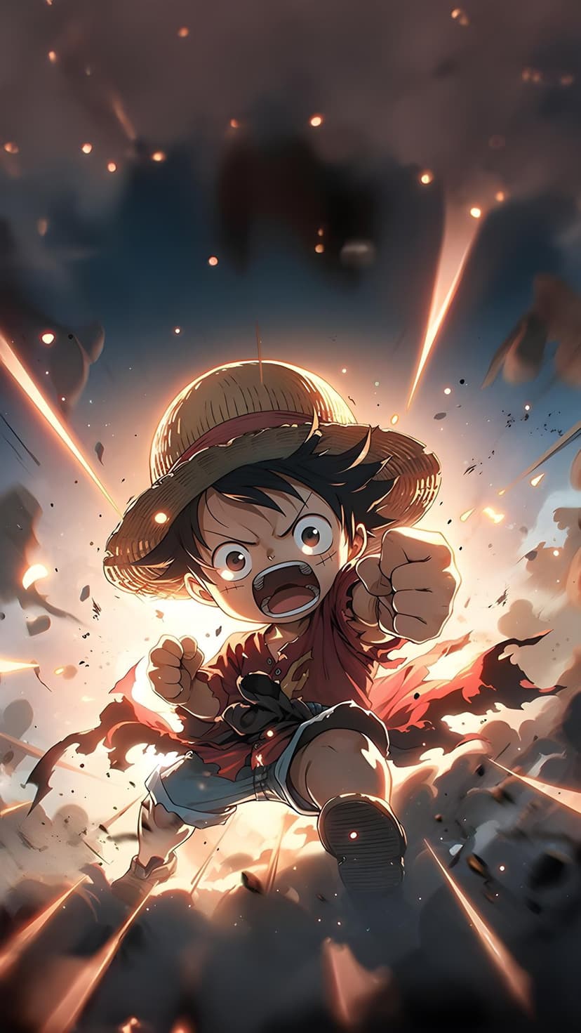 Young boy with a straw hat strikes an energetic combat pose surrounded by floating debris and glowing sparks.