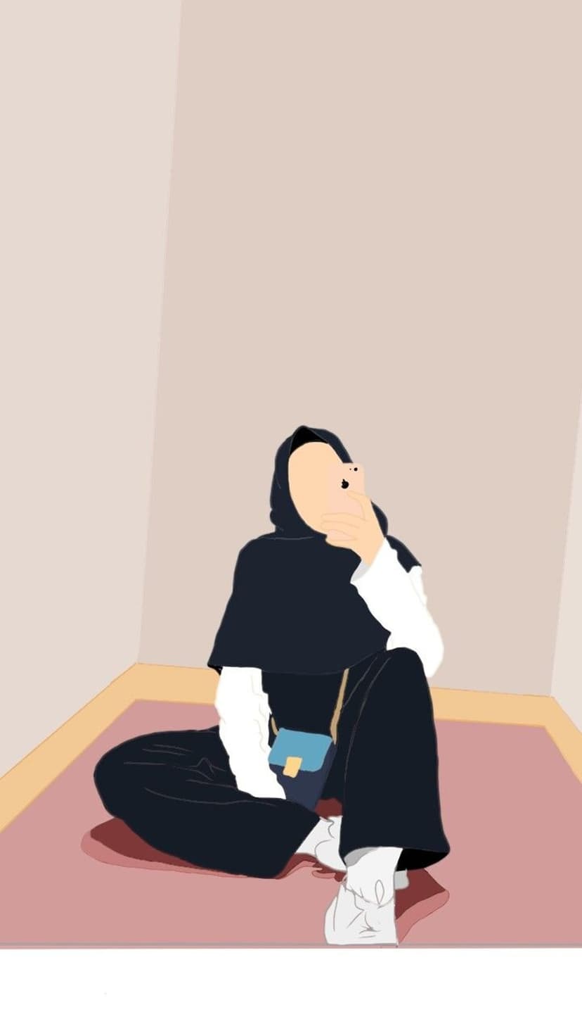 Faceless person in a navy blue hijab and wide-leg pants sits on a pink carpet holding a smartphone for a selfie.