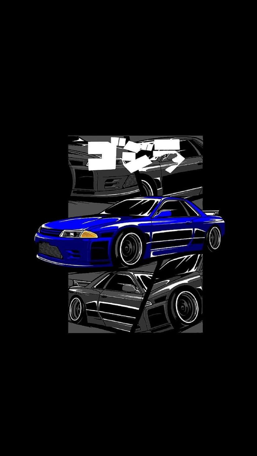 Blue sports car alongside monochromatic vehicles and bold black Kanji characters on a textured background.