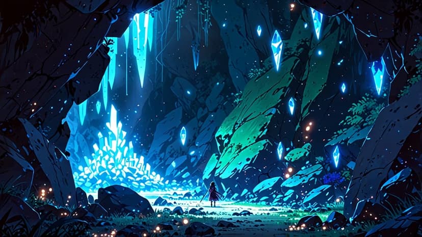 A silhouette of a person stands in a vast cave filled with glowing blue crystals and bioluminescent plant life.