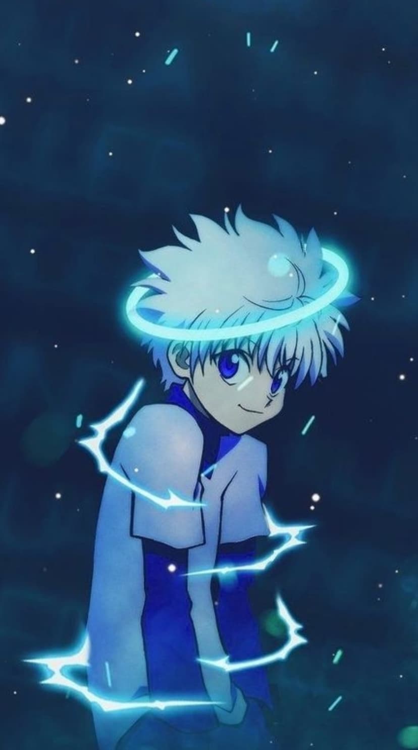 Anime boy with spiky white hair, glowing blue eyes, and a luminous halo against a dark starry night sky.