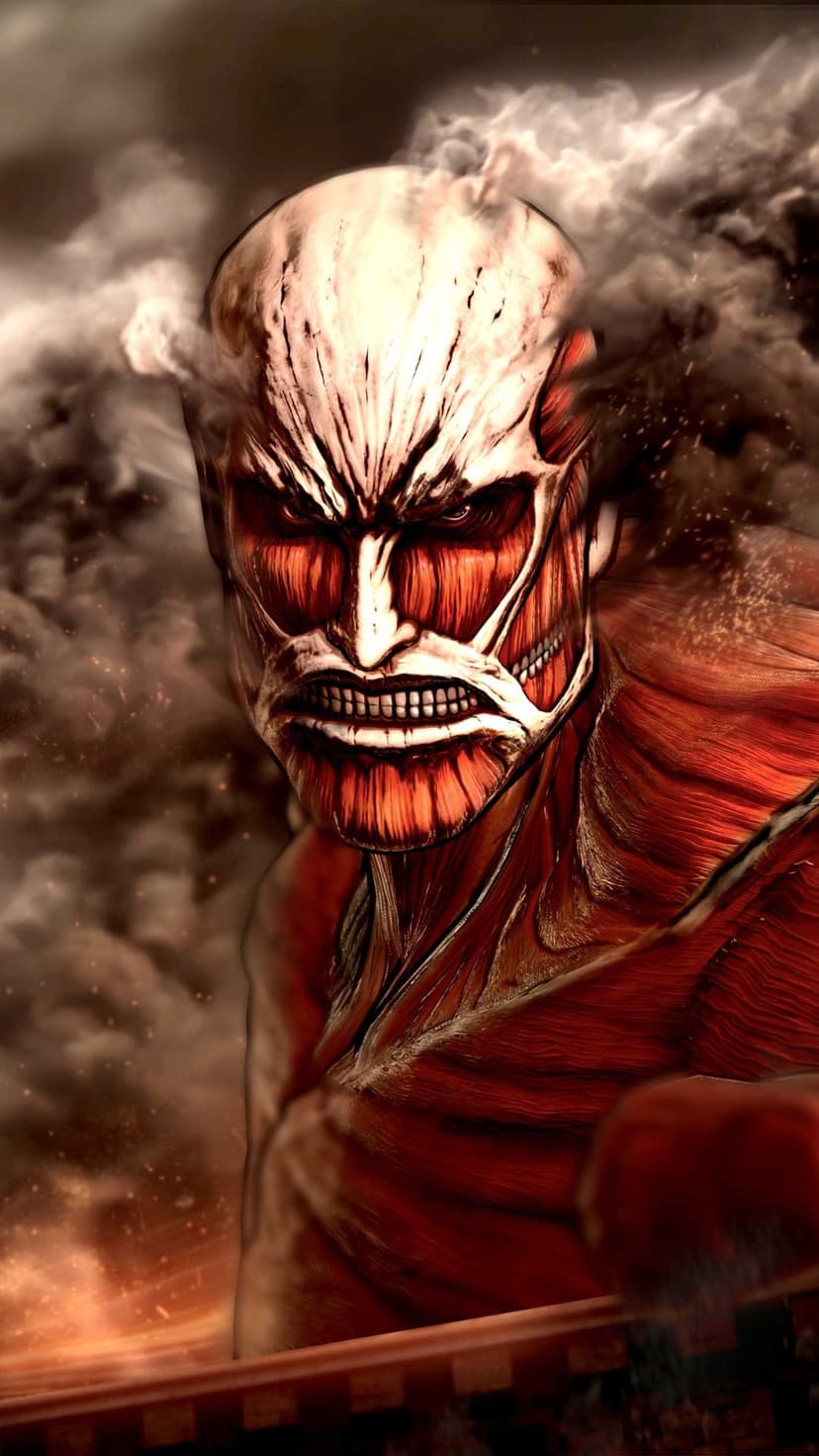 Colossal Titan with exposed red muscle tissue and a fierce expression emerges from thick grey smoke and debris.