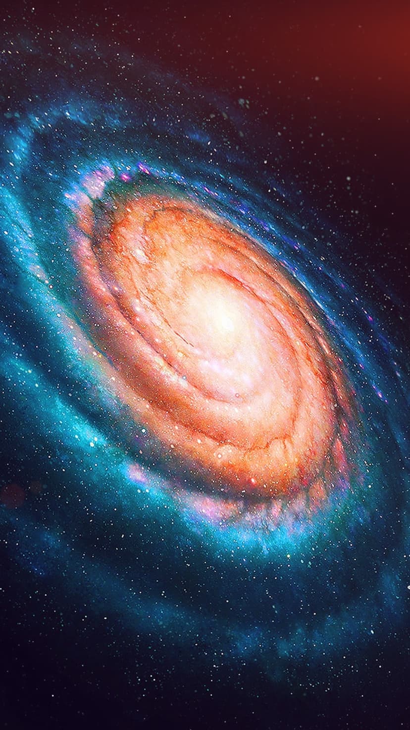 Spiral galaxy with glowing orange and blue arms of cosmic gas surrounded by stars in the vast deep space void.