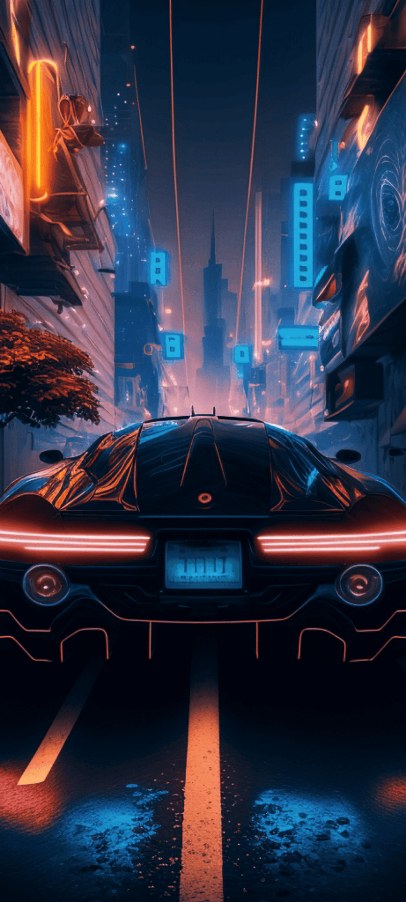 Sleek futuristic car with glowing neon trim parked on a wet city street between towering luminous skyscrapers.