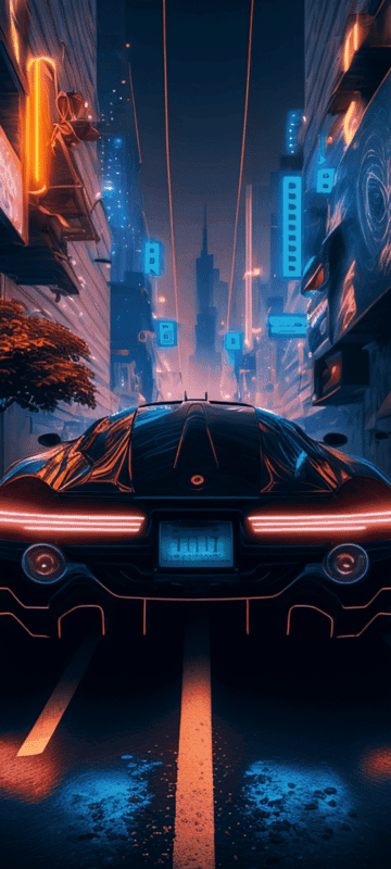 Cyberpunk Cityscape with Futuristic Car at Night