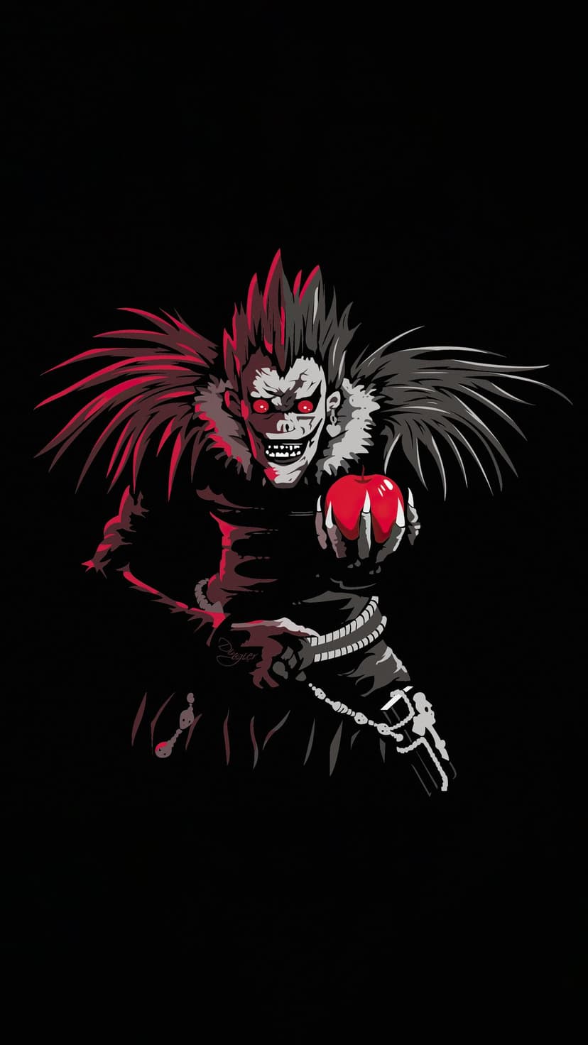 Ryuk with spiky hair and glowing red eyes holds a bright red apple against a solid black background.