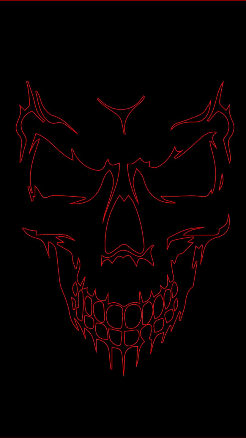 Skull with glowing red outlines and hollow eyes centered on a deep black background for vertical phone screens.