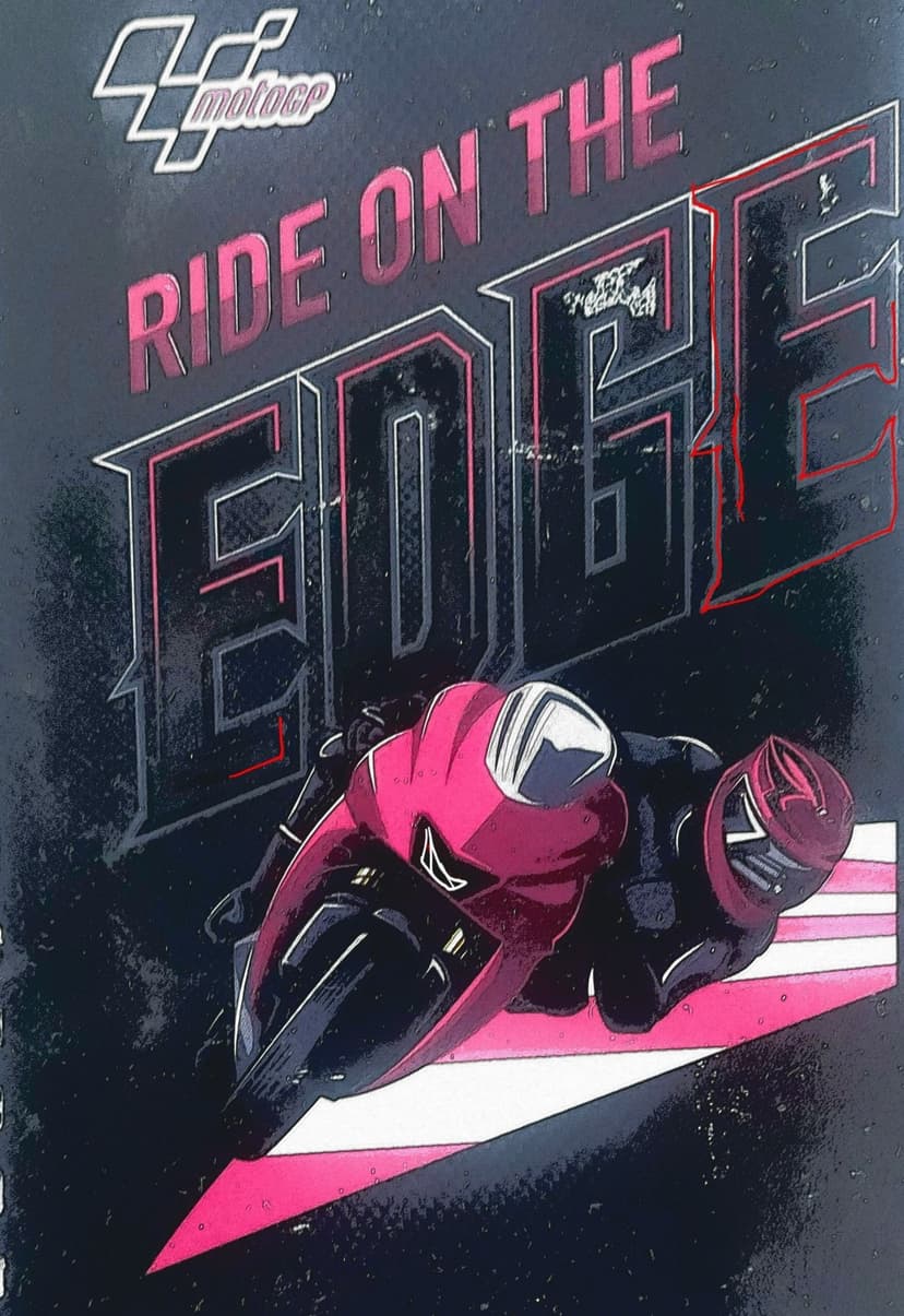 Professional motorcycle racer in pink gear leaning low into a sharp turn against a dark racing track.