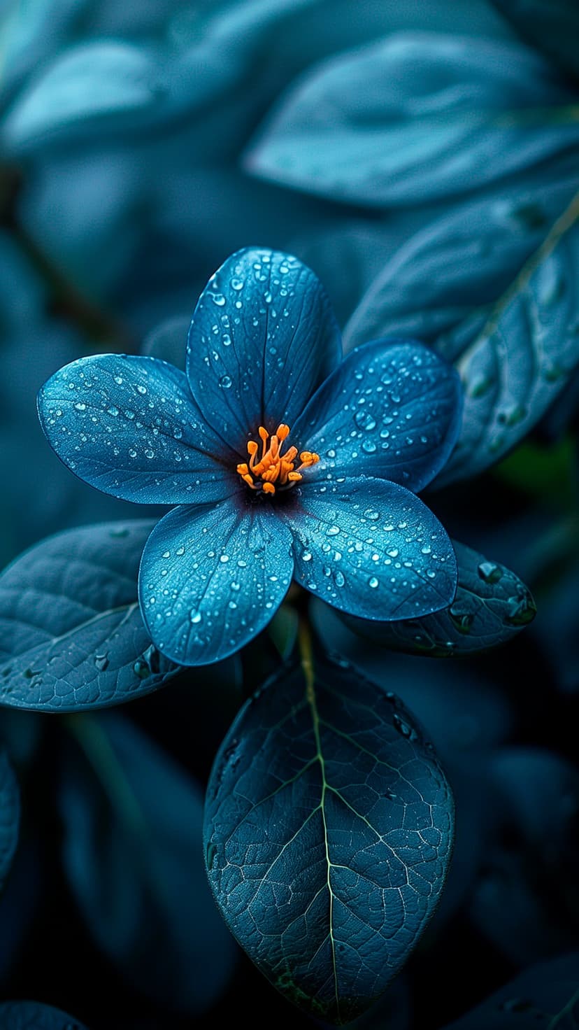 Blue flower with clear water droplets on its petals surrounded by dark, shadowy leaves in a moody macro shot.