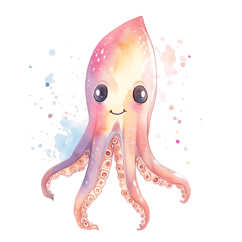 Watercolor octopus illustration with pink skin and yellow accents surrounded by colorful paint splatter droplets.