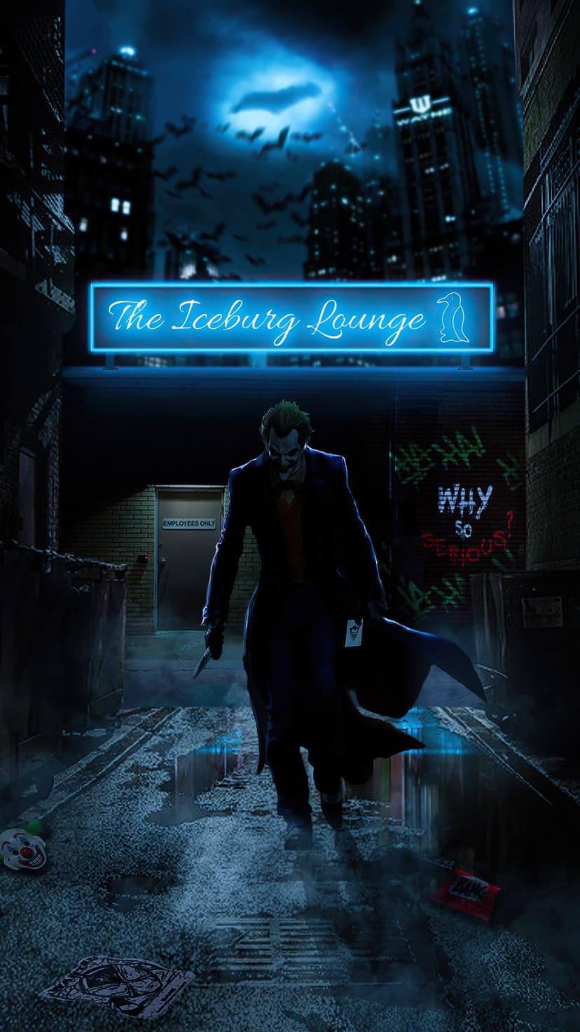 The Joker walks past the neon Iceberg Lounge sign in a dark Gotham alleyway beneath a bat-filled moonlit sky.